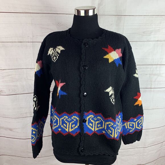 Bolivian Handknits lambwool sweater cardigan Aztec tribal geo Scandinavian Stars - Picture 2 of 12